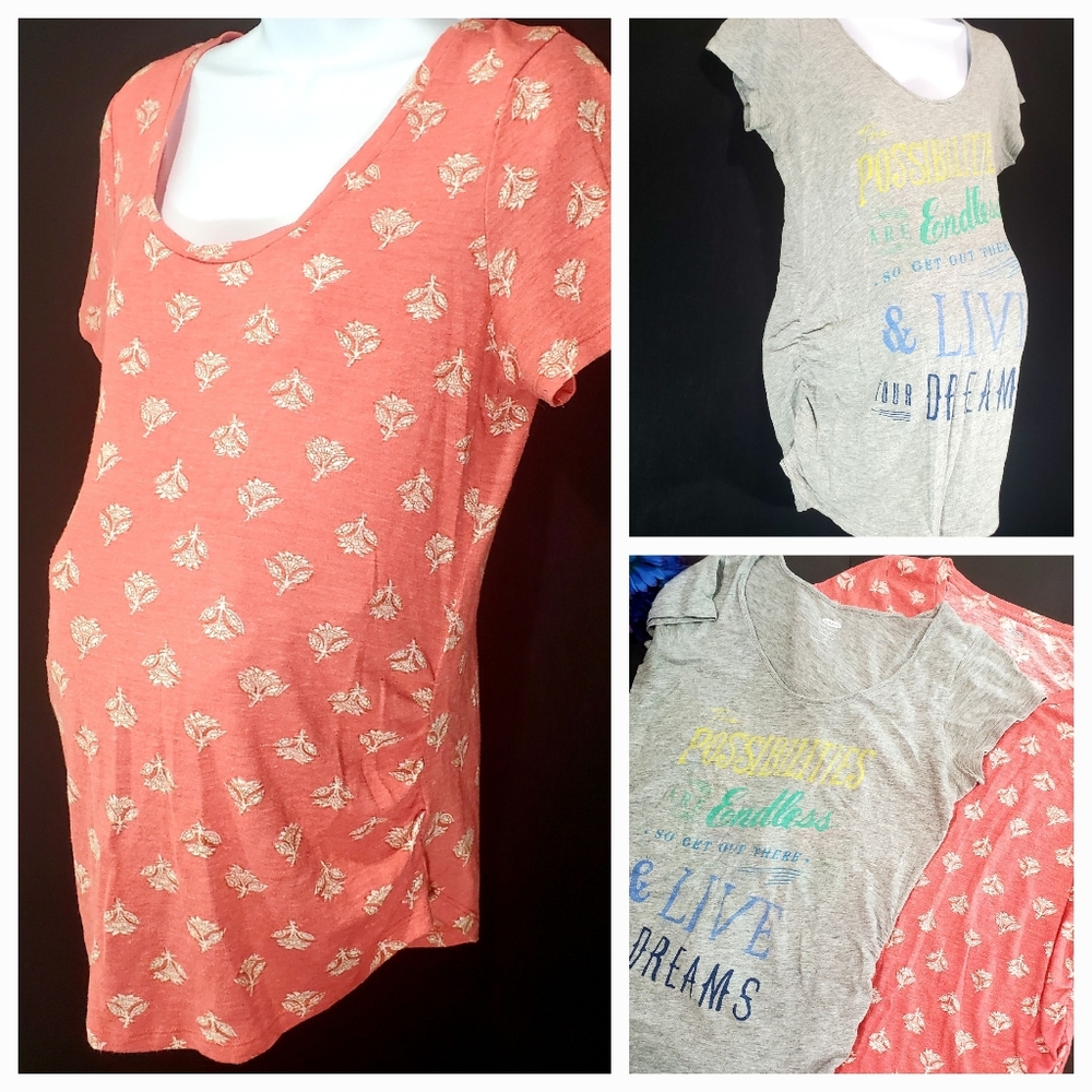2pc Bundle Old Navy Maternity Short Sleeve T-Shirts Tops Size M Grey Coral Print